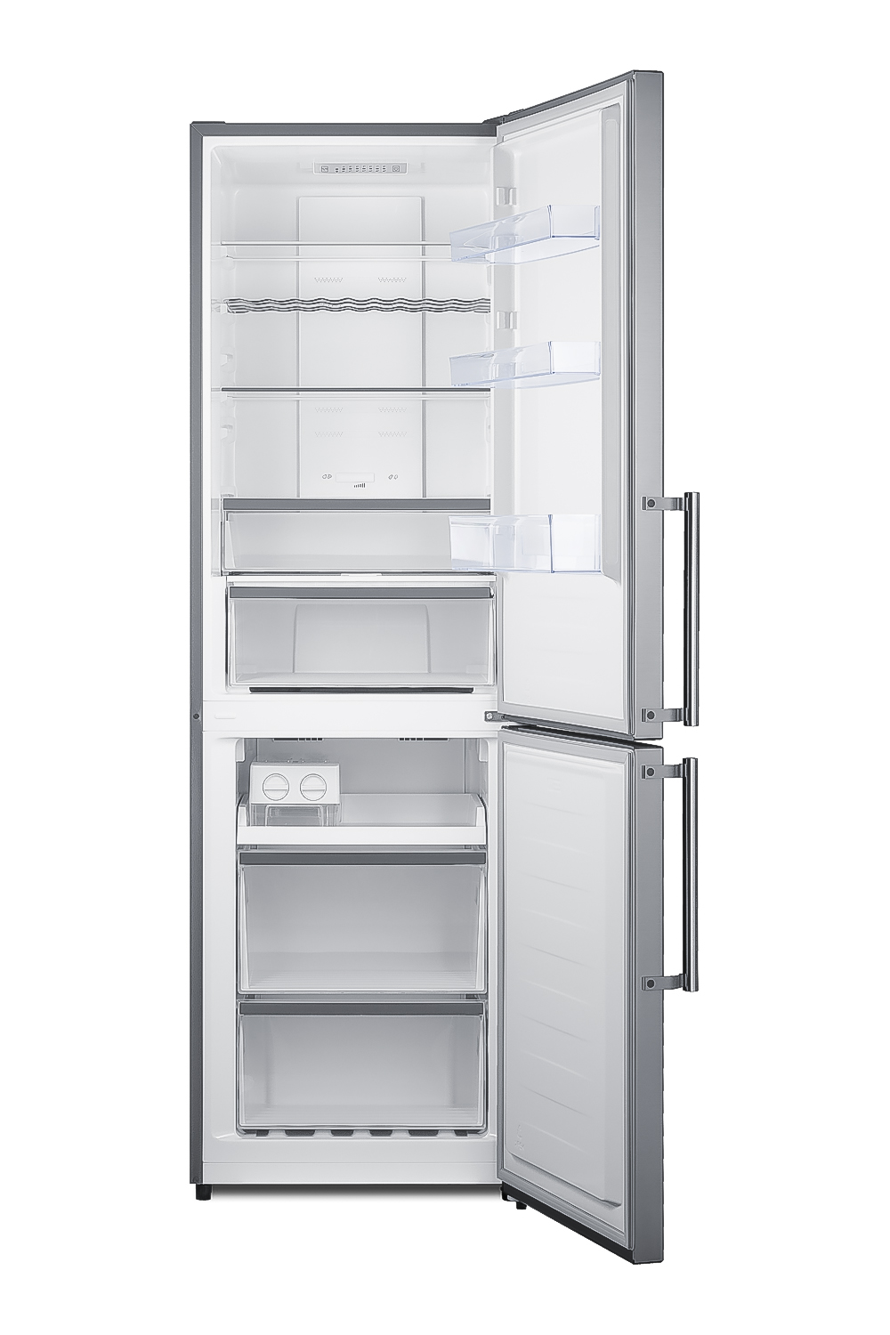 ENERGY STAR certified bottom freezer refrigerator in a stainless steel look with digital controls and a counter depth fit